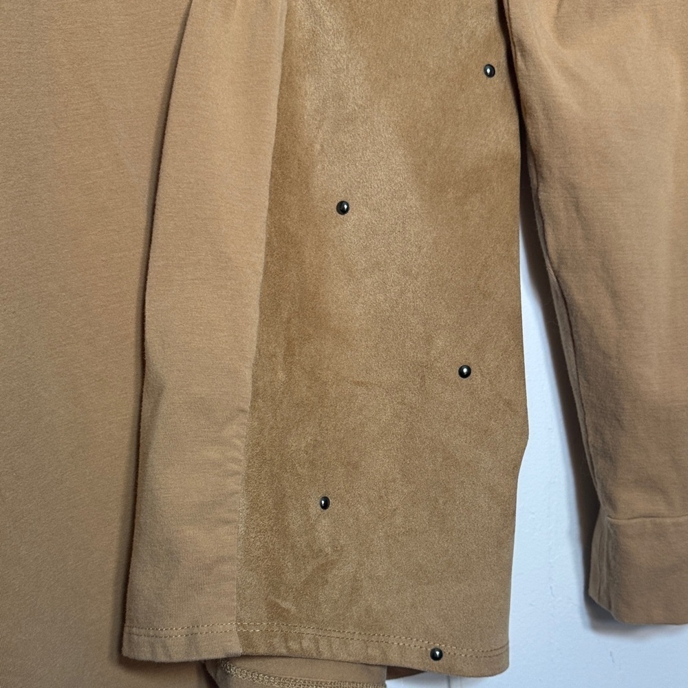 Diane Gilman Tan Faux Suede Mixed Media Long Sleeve Top with Stud Accents - Picture 4 of 7